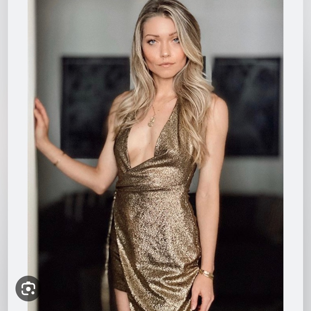 Revolve hours gold wrap halter dress xxs 00